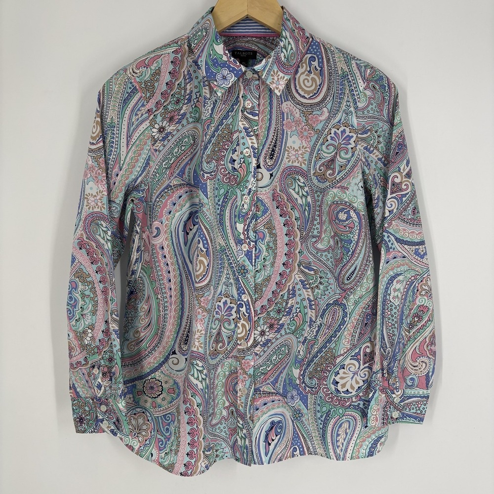 Talbots Shirt Womens Medium Petite Multicolor Paisley Long Sleeve Button Up